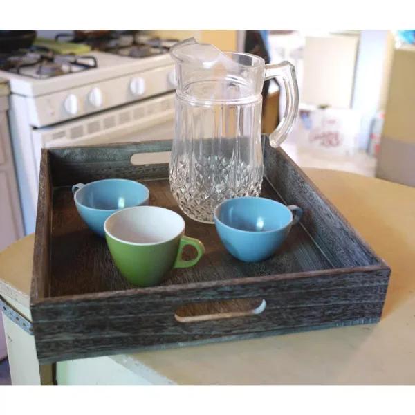 Admired By Nature Rustic Wooden Serving Tray Set of 2 with Handles, Antique Style Decorative Trays