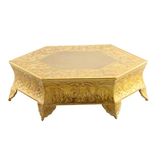 Benzara 14 in. Gold Hexagonal Metal Wedding Cake Stand with Hammered Center