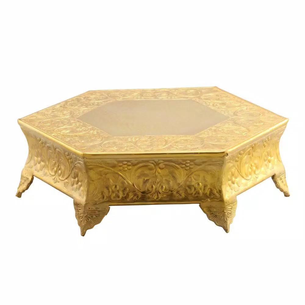 Benzara 14 in. Gold Hexagonal Metal Wedding Cake Stand with Hammered Center
