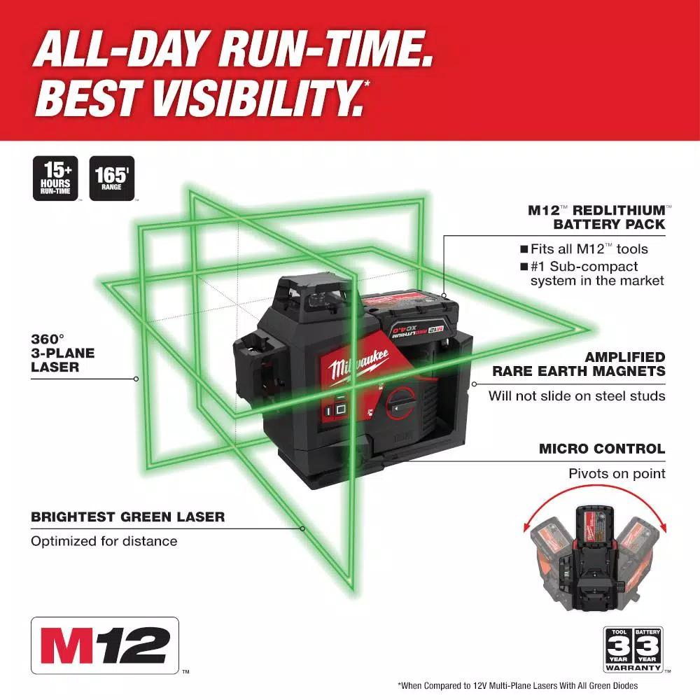 Milwaukee M12 Green 360° 3-Plane Laser Level Kit with 4.0 Ah Battery, Charger, and Case