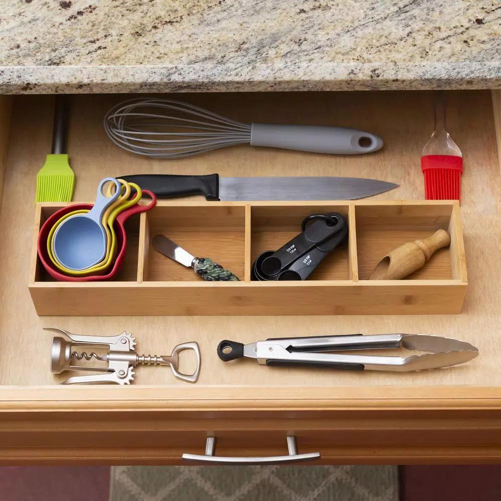 Unbranded Natural Bamboo Drawer Organizer - 4 Compartment Long Slim Storage Tray, 17.5 x 4 in.