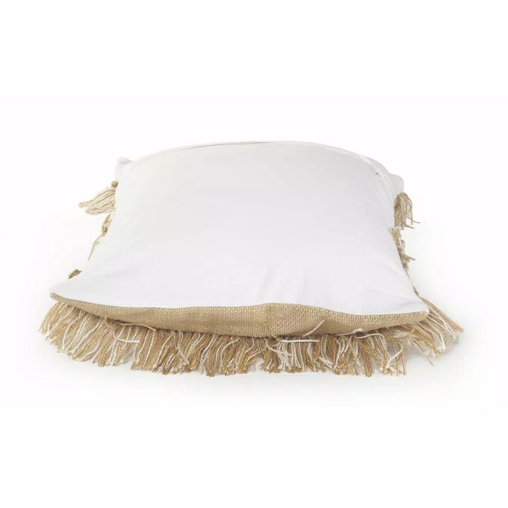 LR Home Beige and White Neutral Fringed Throw Pillow, 20 x 20 in., Geometric Embroidery