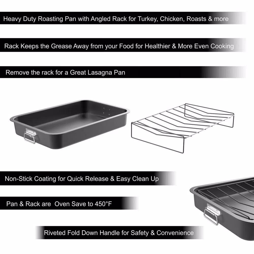 Classic Cuisine Heavy Duty Nonstick Carbon Steel Roasting Pan with Angled Rack