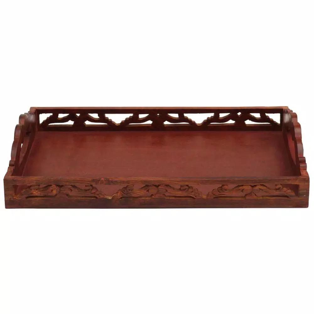 Benzara Carved Brown Wooden Serving Tray with Intricate Cutout Handles