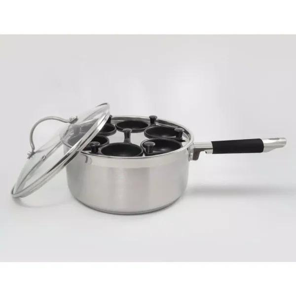 ExcelSteel Professional 6-Cup Stainless Steel Egg Poacher Set with Non-Stick Cups and Silicone Spatula