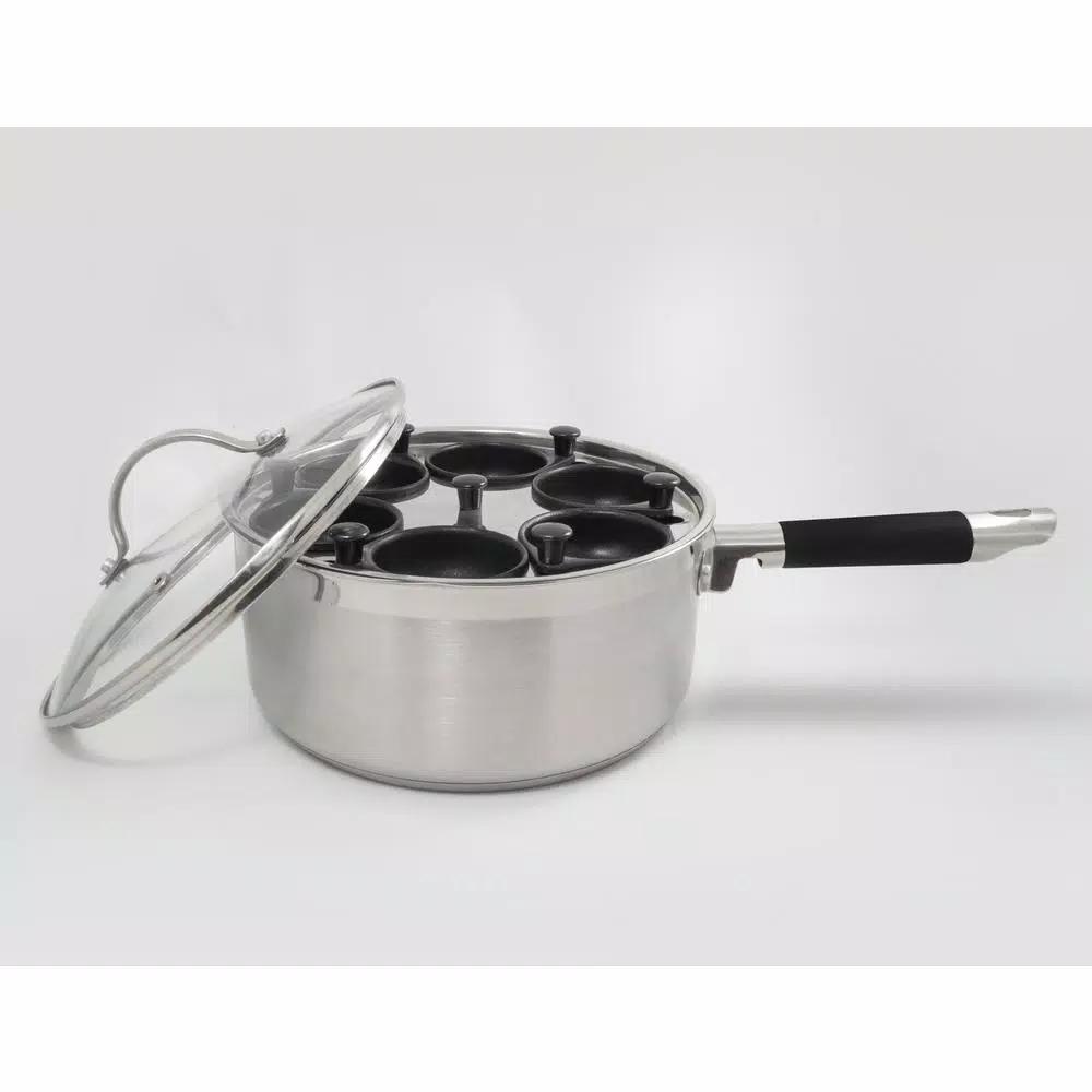 ExcelSteel Professional 6-Cup Stainless Steel Egg Poacher Set with Non-Stick Cups and Silicone Spatula