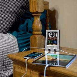 La Crosse Technology Digital Desktop Alarm Clock with Dual USB Charging Ports, Nap Timer, and Temperature/Humidity Display - Silver thumbnail 1