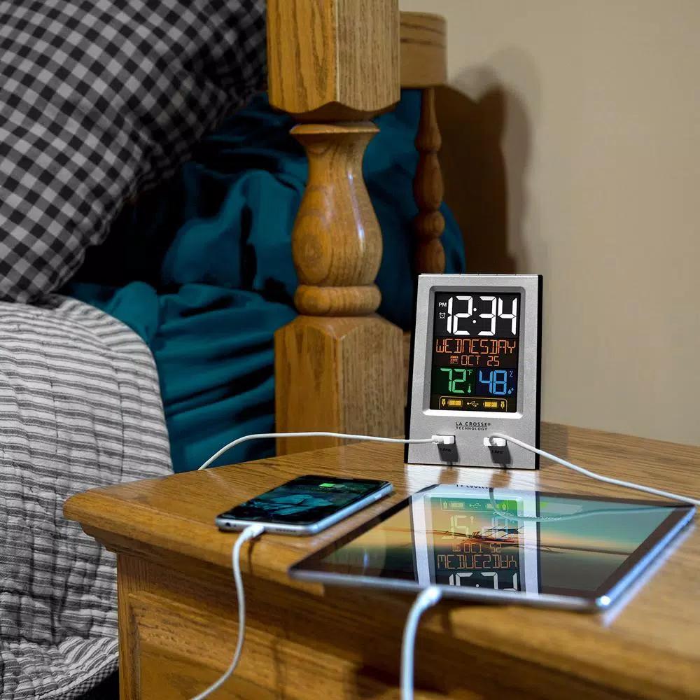 La Crosse Technology Digital Desktop Alarm Clock with Dual USB Charging Ports, Nap Timer, and Temperature/Humidity Display - Silver