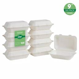 Unbranded 9 in. White Sugarcane Clamshell Containers, Biodegradable & Compostable (300 Pack) thumbnail 2