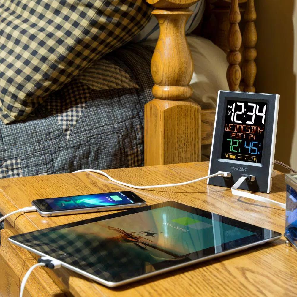 La Crosse Technology Digital Desktop Alarm Clock with Dual USB Charging Ports, Nap Timer, and Temperature/Humidity Display