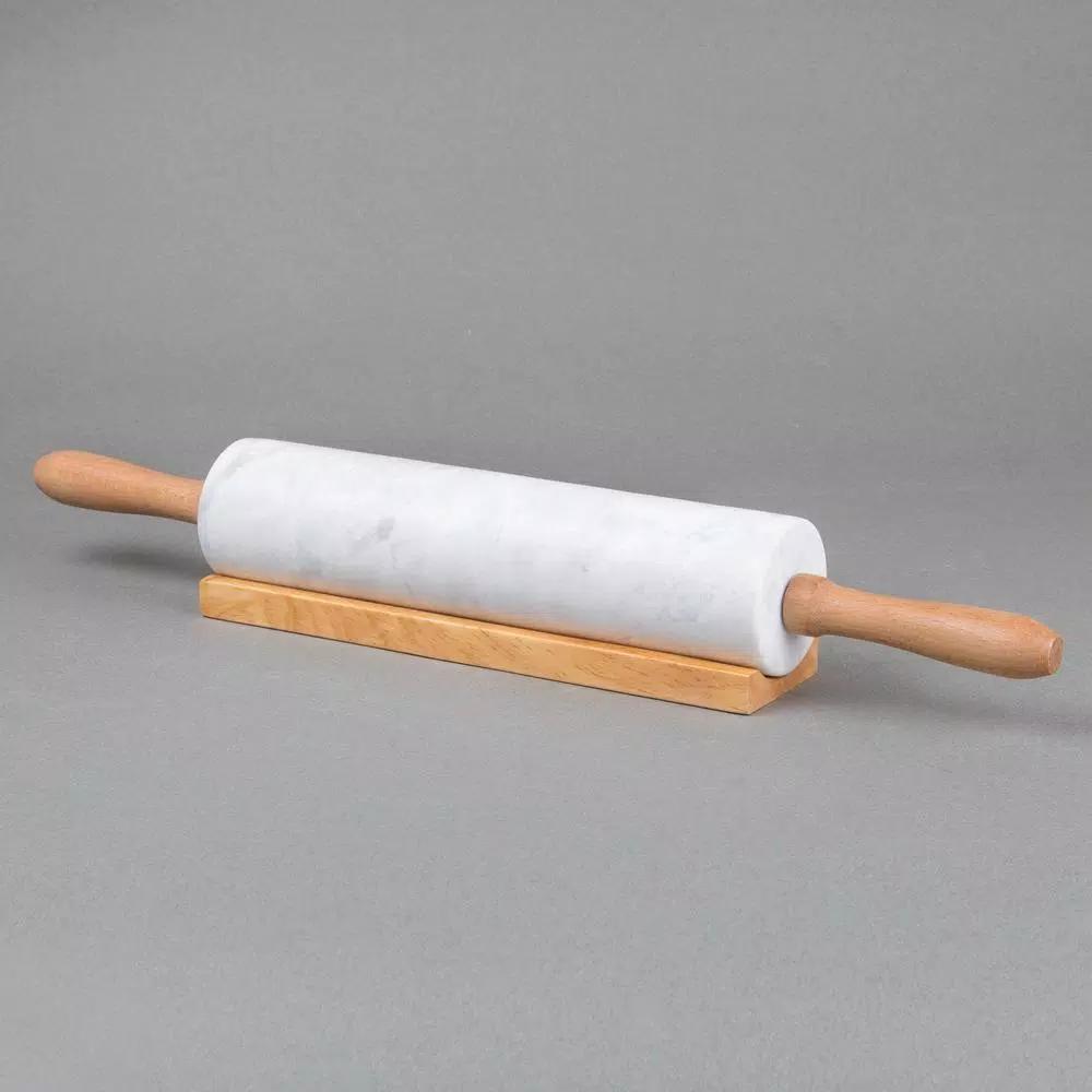 Creative Home Natural Marble Rolling Pin with Wooden Handles and Storage Cradle, 18 in.