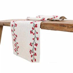 Manor Luxe Holly Berry Branch Crewel Embroidered Christmas Table Runner, Natural Linen Blend, 15 x 90 in. thumbnail 2