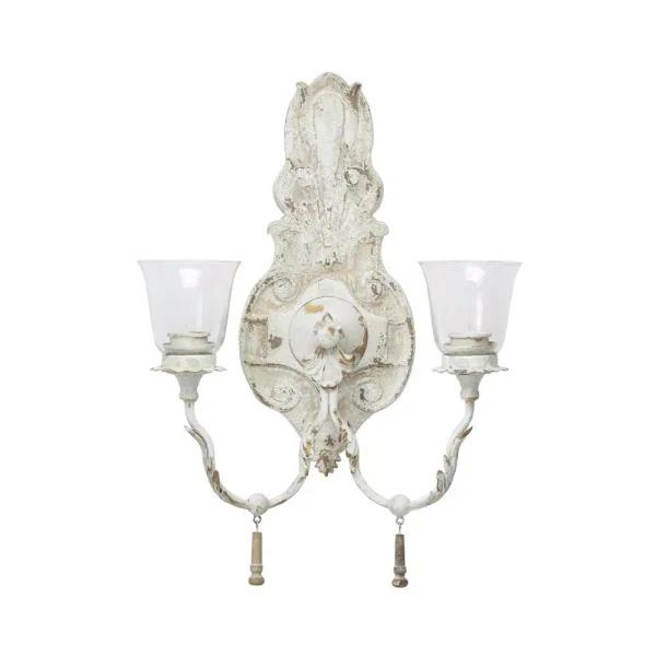 LITTON LANE Distressed White 2-Light Candle Sconce with Acanthus Carvings and Wood Bead Accents