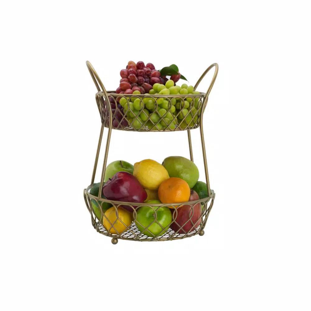 Gourmet Basics by Mikasa Mikasa Gourmet Basics Loop and Lattice 2-Tier Round Gold Fruit Basket