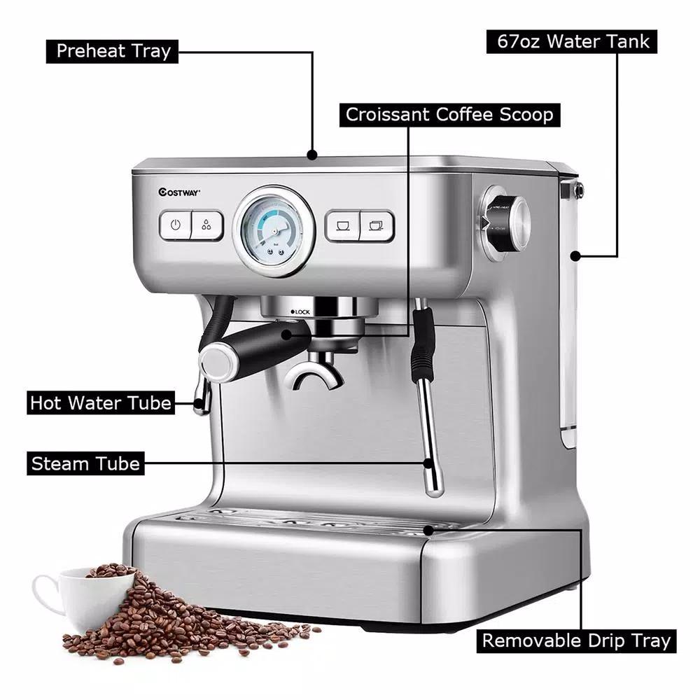 Costway Stainless Steel Semi-Auto Espresso Machine with Milk Frother Wand, 1500W Coffee Maker