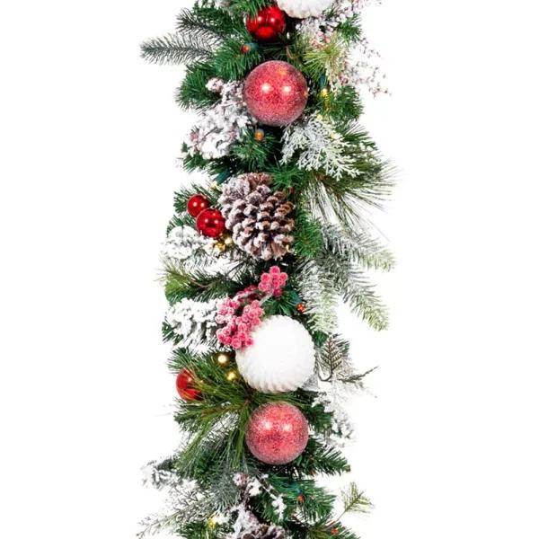 Village Lighting Company 9 ft. Frosted Wonderland Pre-Lit LED Christmas Garland, Red and White Candycane Theme