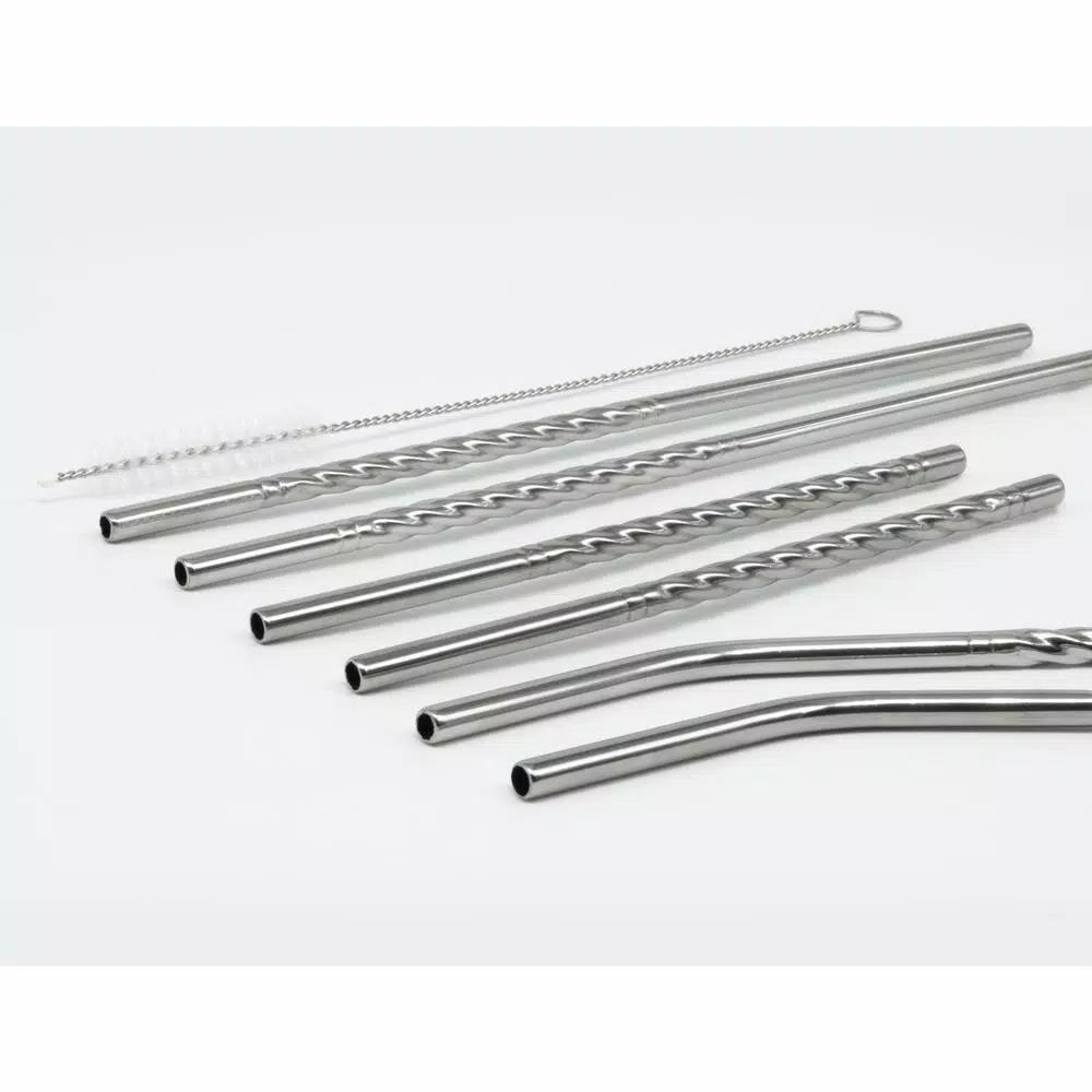 ExcelSteel 14-Piece Reusable Stainless Steel Swirl Straw Set with Cleaning Brushes
