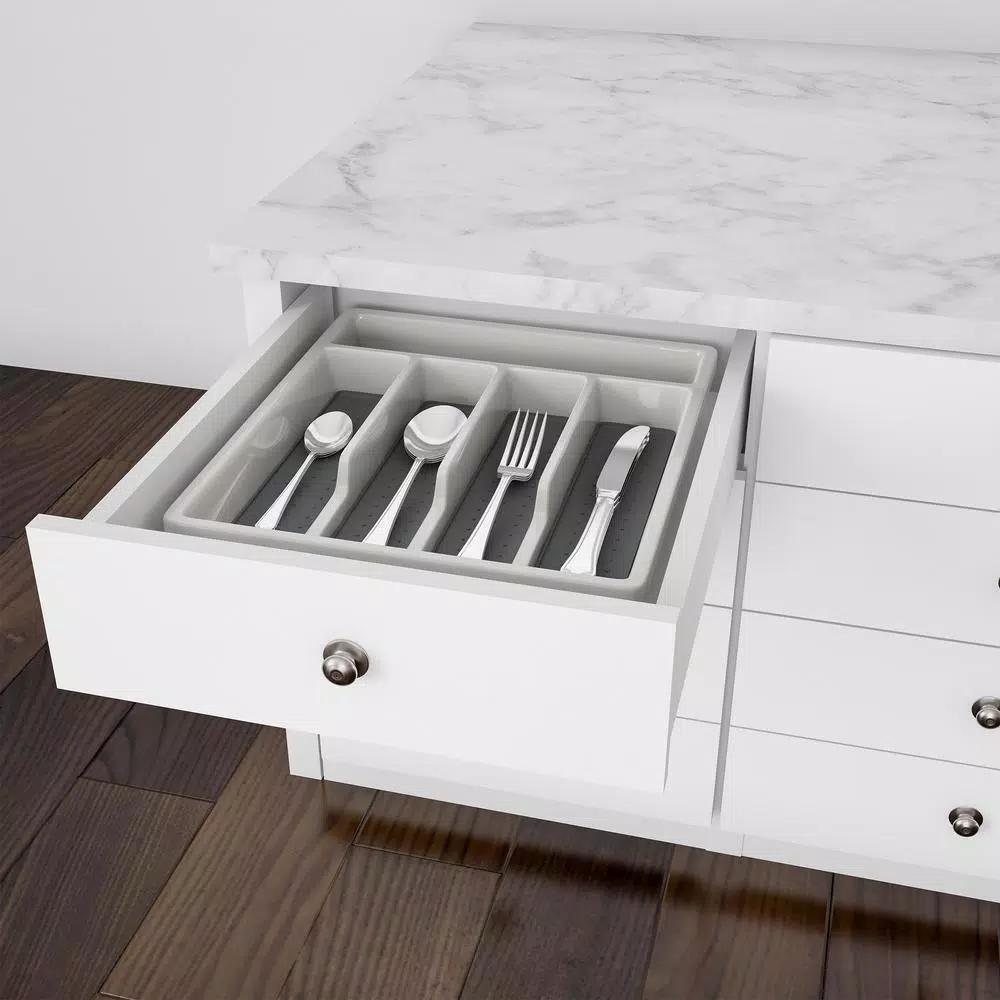 Lavish Home 5-Compartment White Silverware Drawer Organizer with Non-Slip Rubber Liner