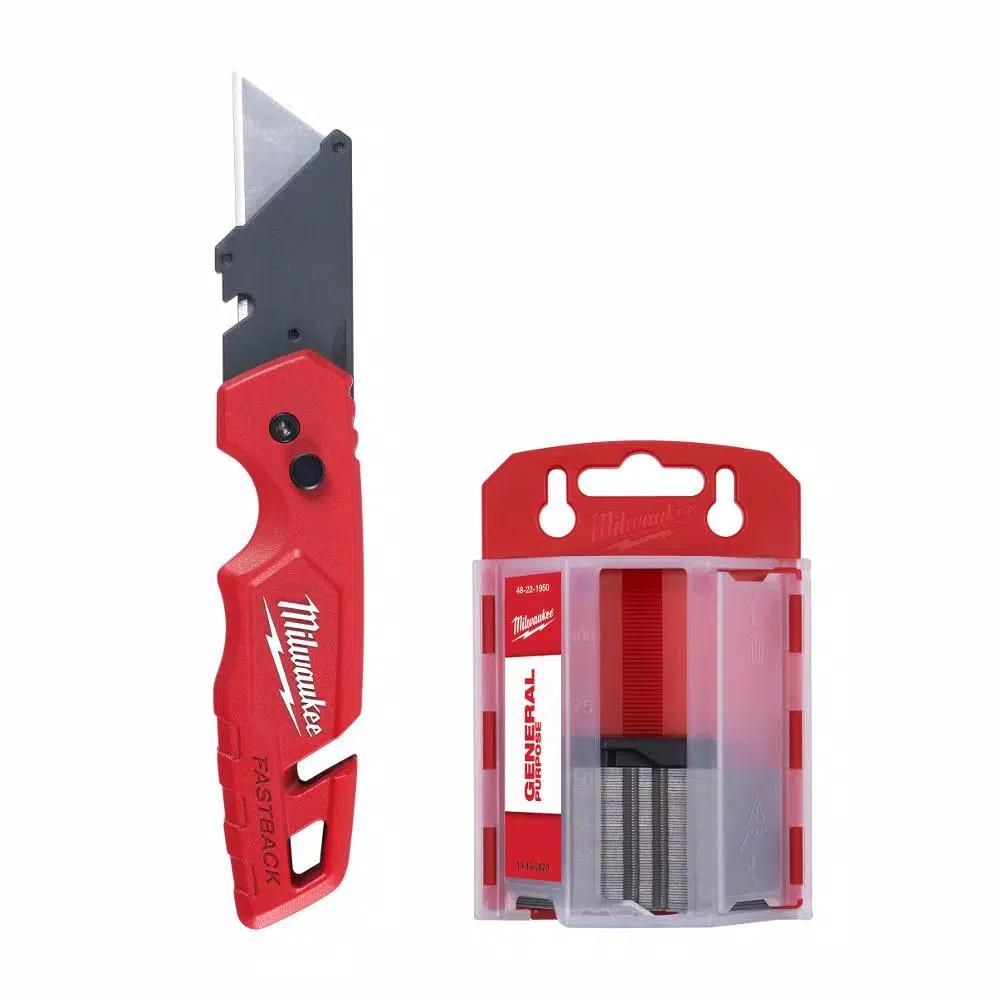 Milwaukee FASTBACK Folding Utility Knife Set with Blade Storage and 50-Pack General Purpose Blades