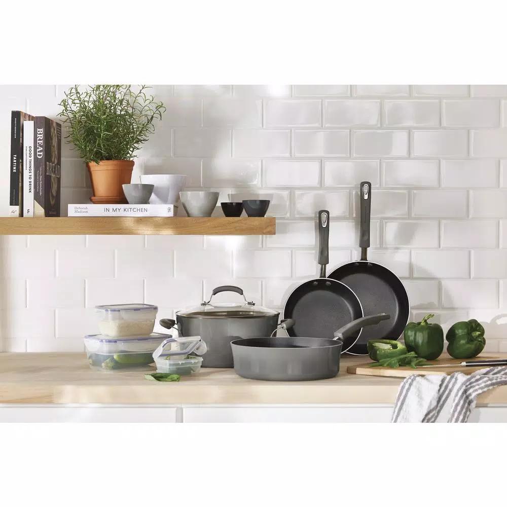 Rachael Ray Classic Brights 19-Piece Sea Salt Gray Nonstick Cookware Set with LocknLock Containers
