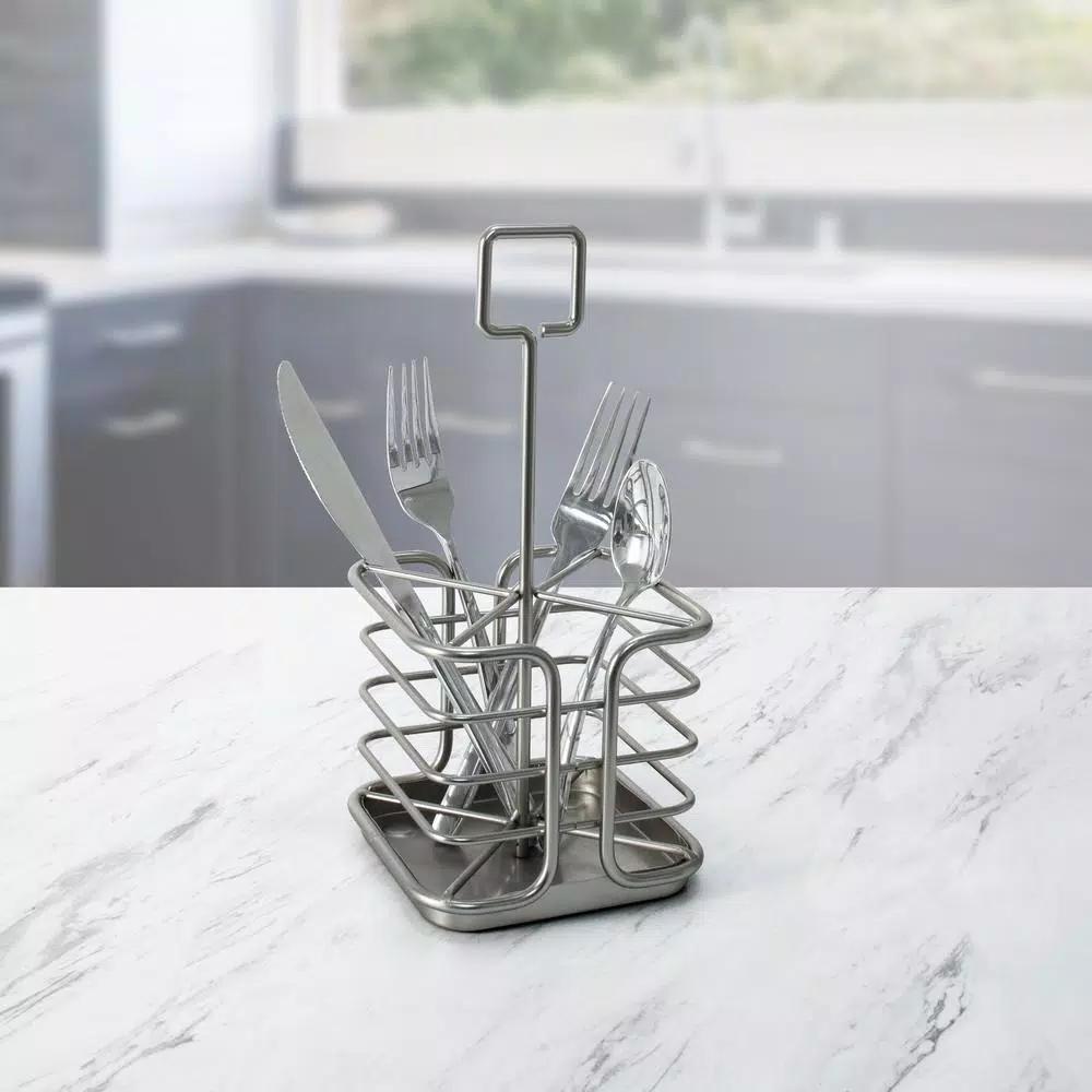 Spectrum Euro Kitchen Flatware & Silverware Organizer Caddy with Handle, Satin Nickel