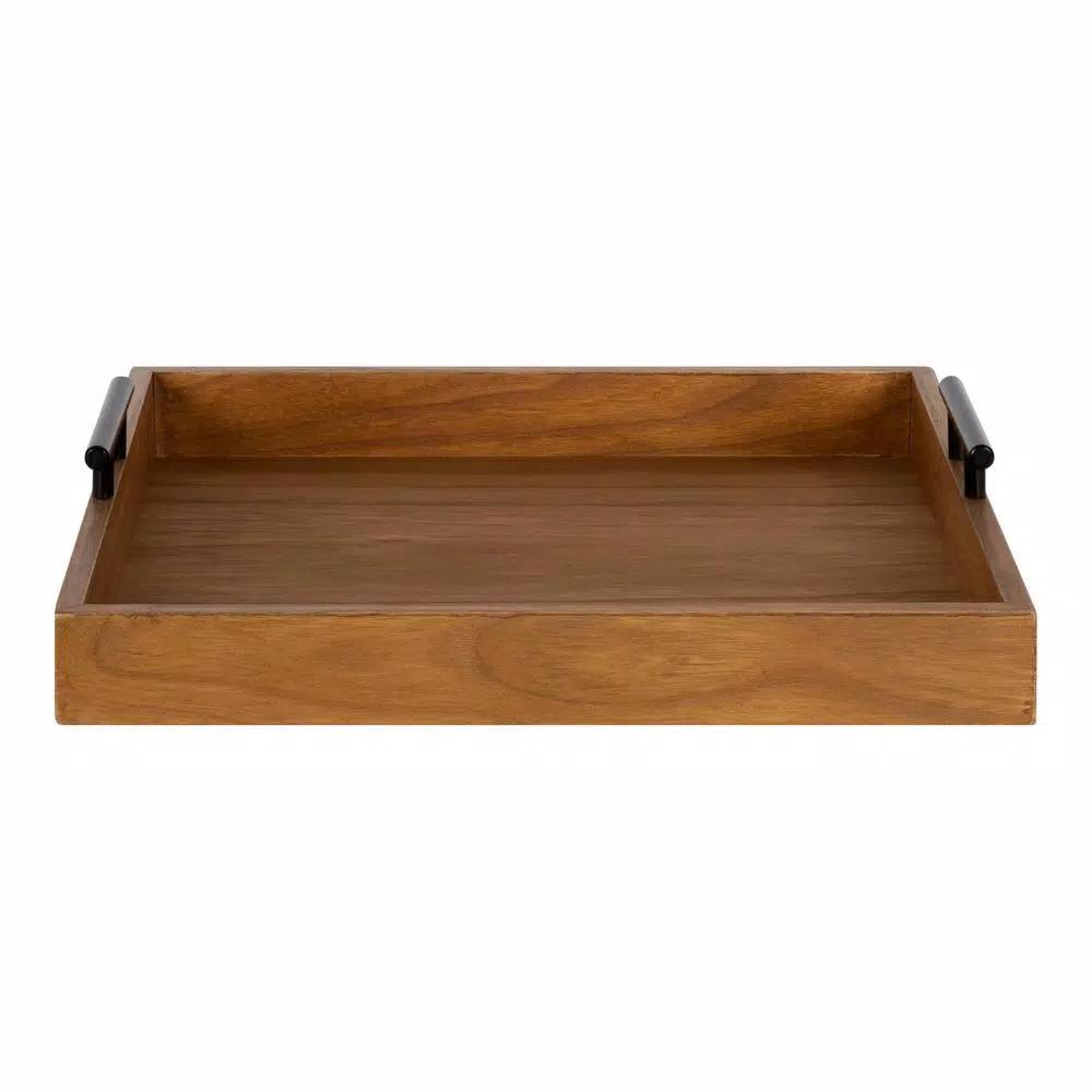 Kate and Laurel Lipton 16 in. Square Decorative Wood Tray with Black Metal Handles, Rustic Farmhouse Style