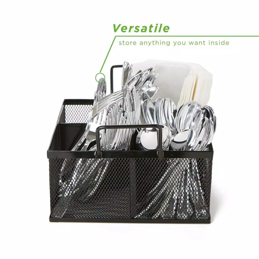 Mind Reader 4-Section Black Mesh Cutlery Caddy, Stainless Steel Flatware Organizer for Countertops