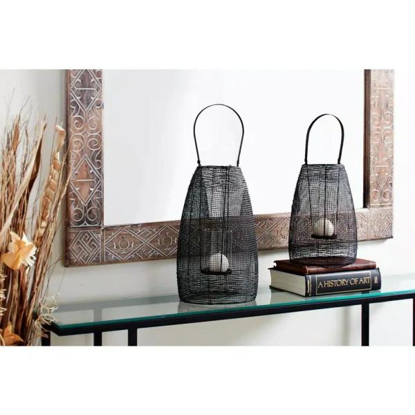 LITTON LANE Large Black Metal Mesh Lantern Candle Holder with Suspended Hurricane Glass