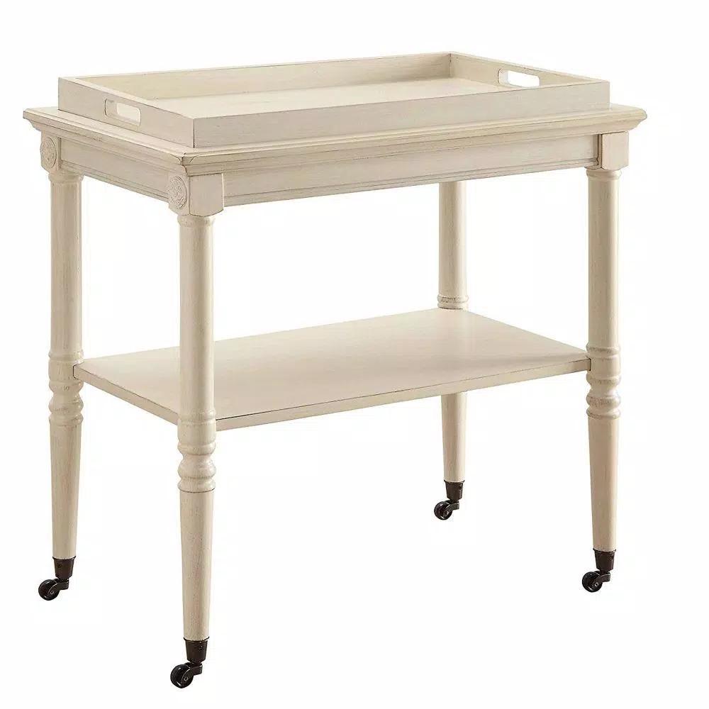 Benjara Antique White Wooden Serving Tray Table with 2-Tier Storage and Casters
