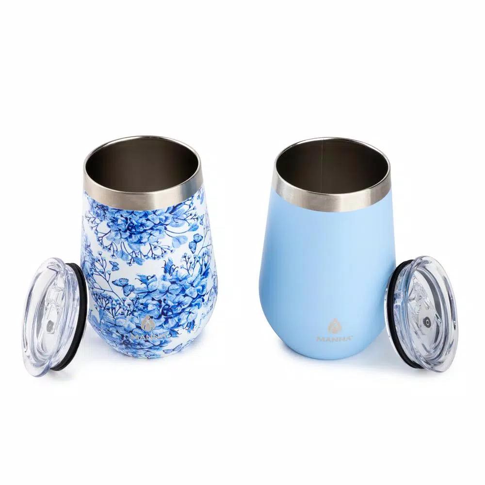 Manna Blue Hydrangena 12 oz. Stainless Steel Stemless Wine Tumblers, 2-Pack