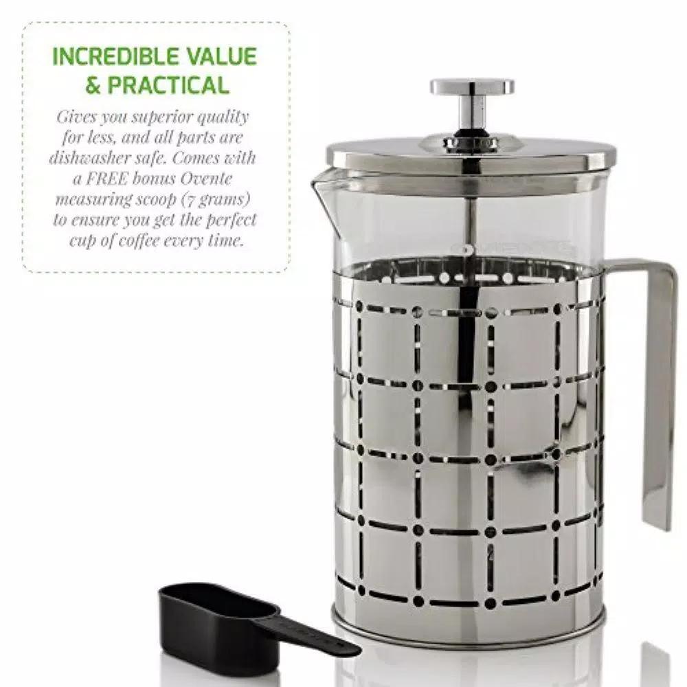 Ovente 3-Cup Silver Borosilicate Glass French Press Coffee and Tea Maker with Stainless Steel Shell