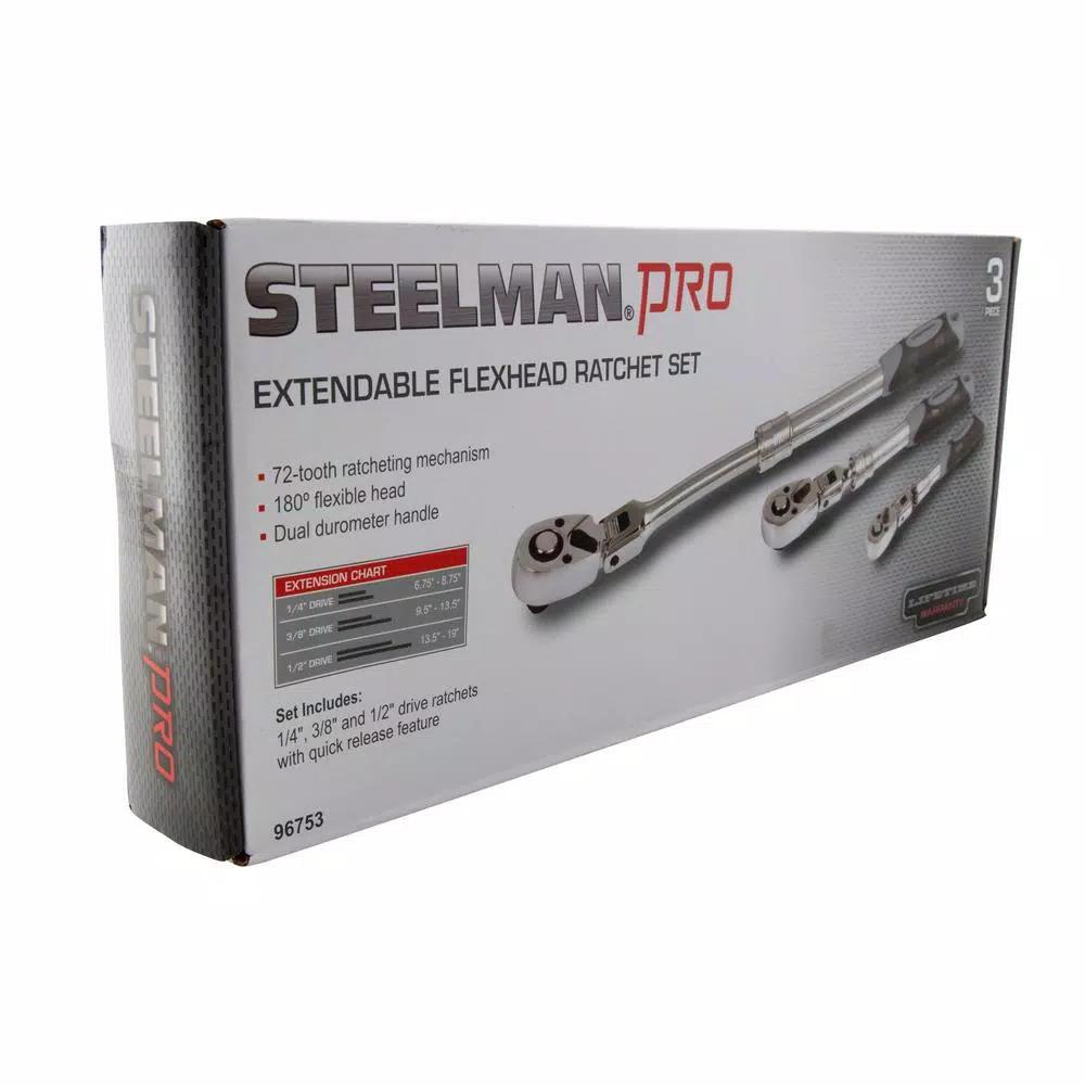STEELMAN PRO 96753 3-Piece Extendable Flex-Head Ratchet Set, 1/4 in., 3/8 in., and 1/2 in. Drive