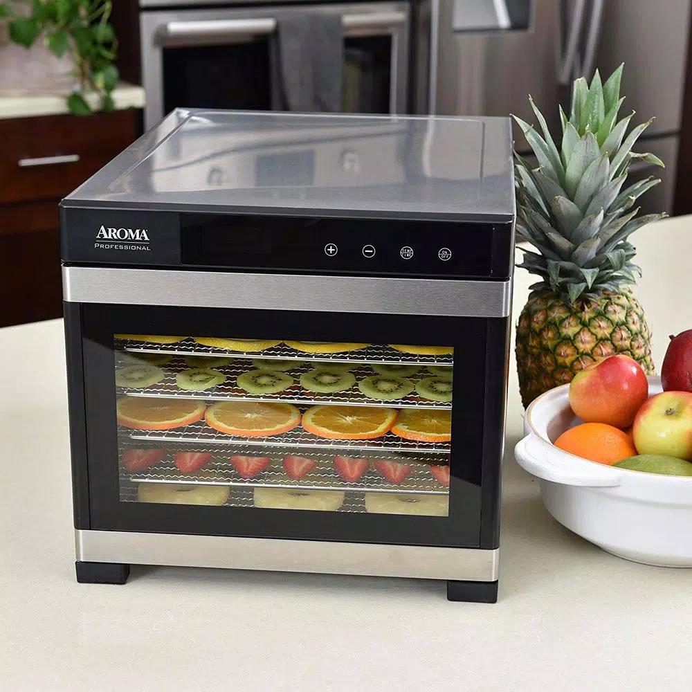 AROMA 6-Tray Digital Food Dehydrator with Glass Door and Stainless Steel Trays, 600W, Black