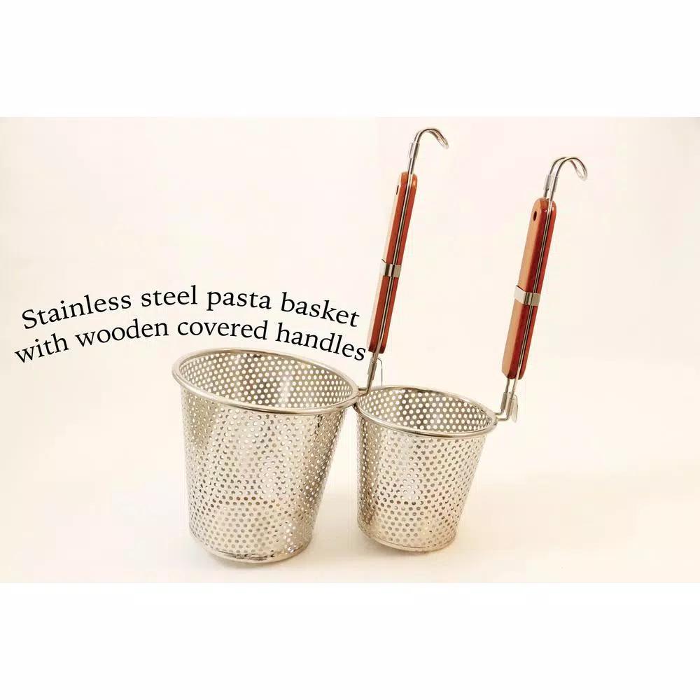 ExcelSteel 6.25 in. Stainless Steel Pasta Basket with Wood Covered Handles
