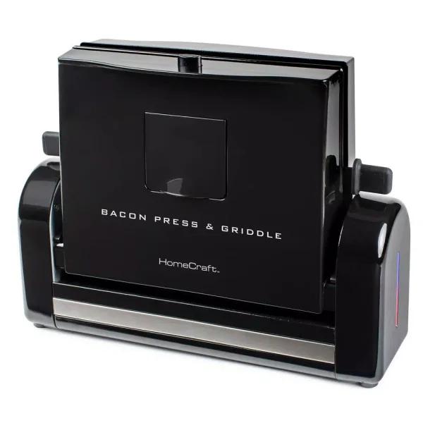HomeCraft Black Bacon Press and Griddle, 900W Countertop Specialty Grill with Vertical Cooking and Drip Tray
