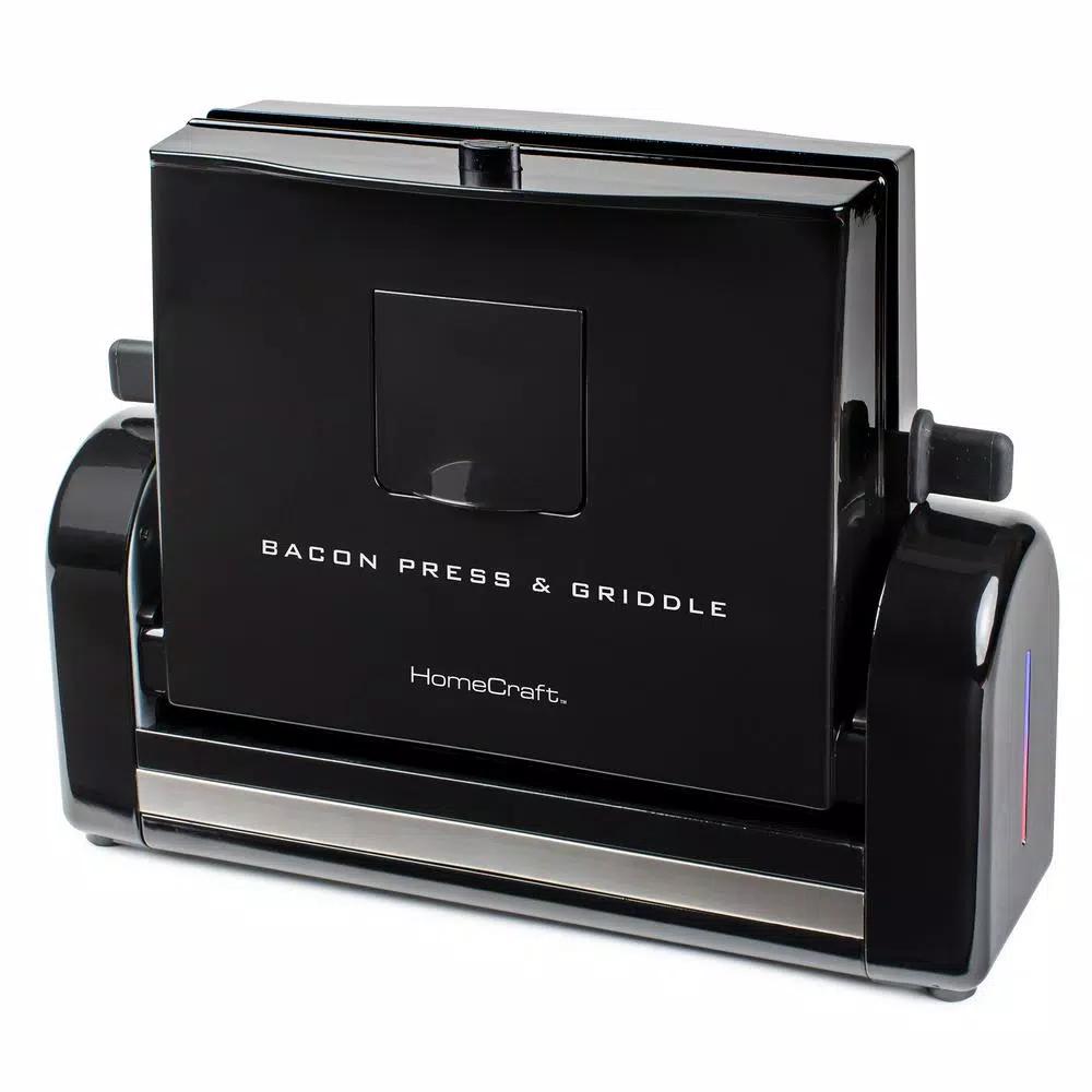 HomeCraft Black Bacon Press and Griddle, 900W Countertop Specialty Grill with Vertical Cooking and Drip Tray