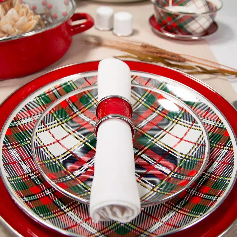 Golden Rabbit Highland Plaid 8 in. Enamelware Round Salad Plate Set of 4