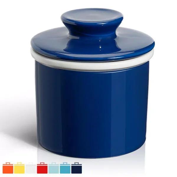 Sweese French Butter Crock - Navy Blue Porcelain Butter Keeper Dish for Fresh, Spreadable Butter