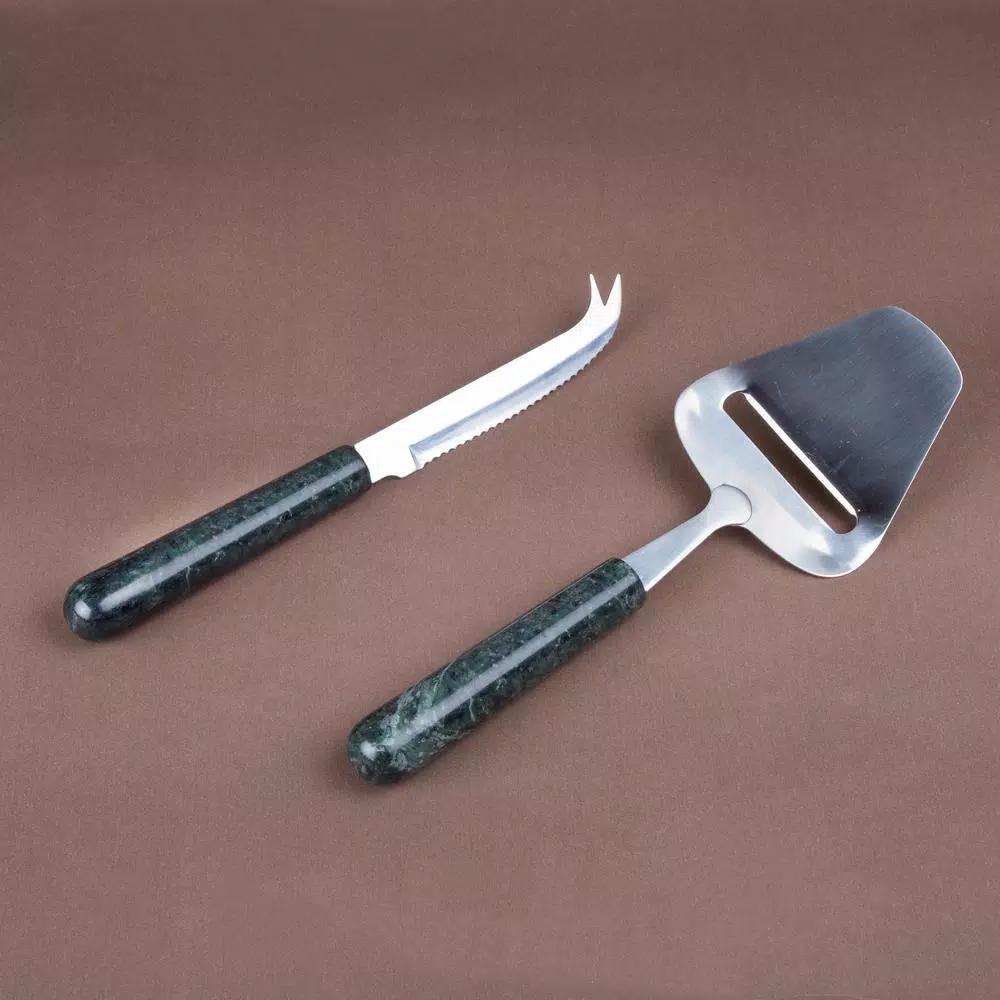 Creative Home Stainless Steel Cheese Cutter and Knife Set with Natural Green Marble Handles (2-Piece)