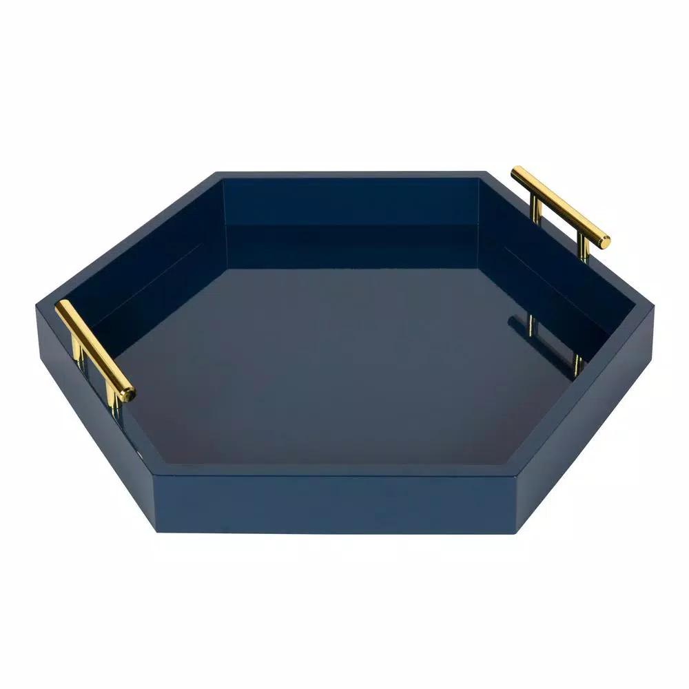 Kate and Laurel Lipton 18 in. Navy Blue Hexagon Decorative Tray with Polished Metal Handles