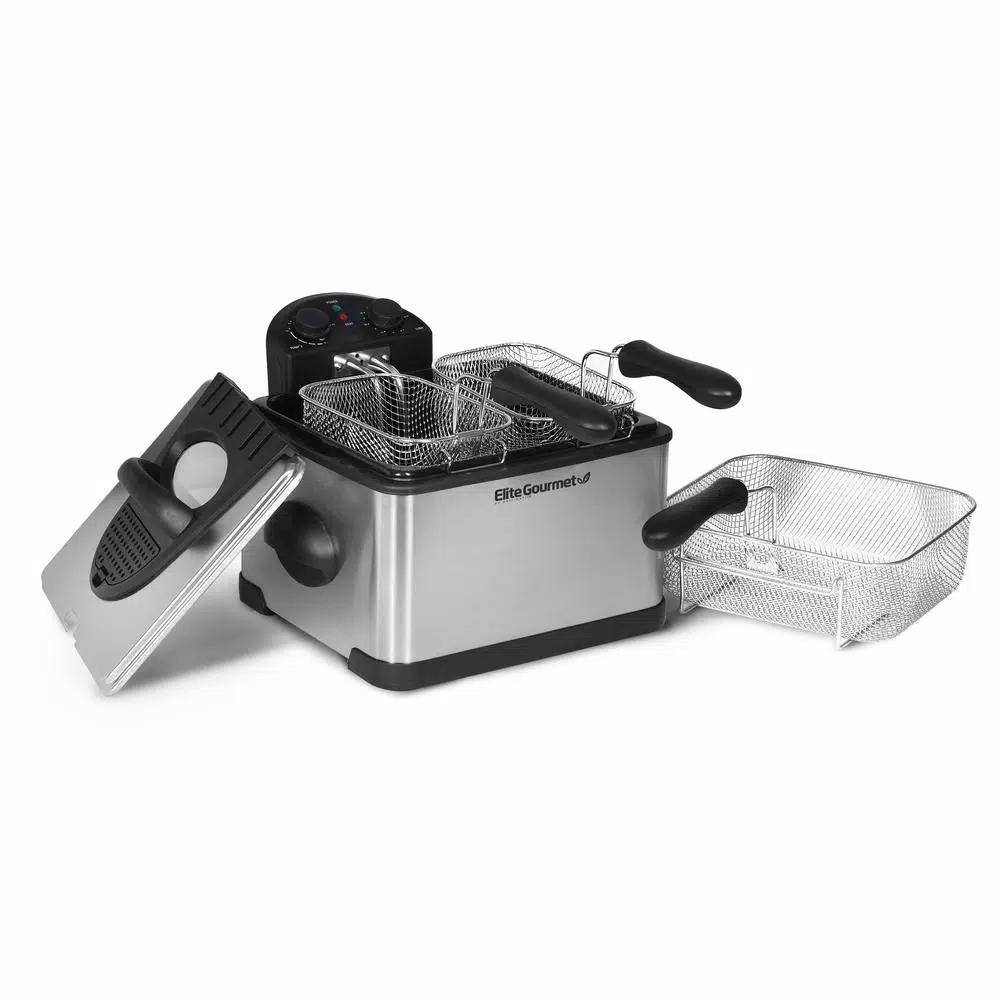 Elite 4 Qt. Dual Basket Deep Fryer with Extra-Large Bonus Basket, Brushed Stainless Steel, 1700W