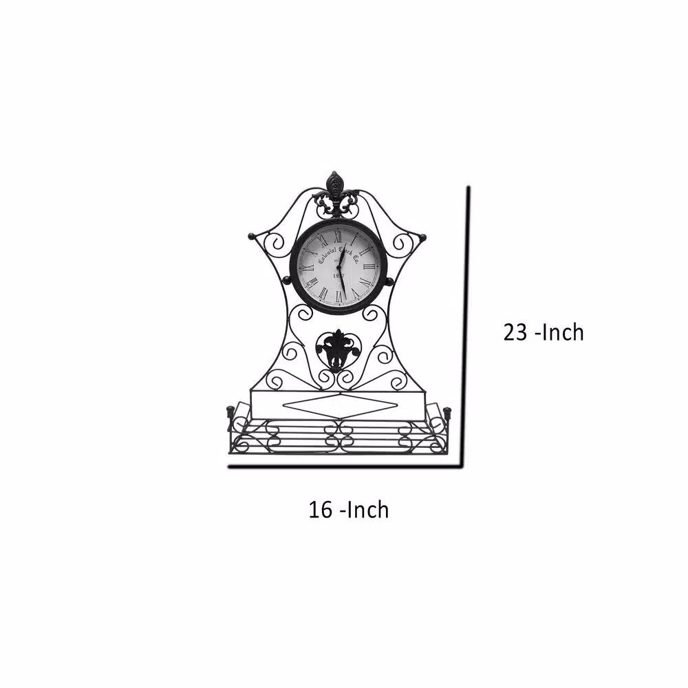 Benjara Epoch Black Metal Outdoor Clock with Scrollwork and Storage Base