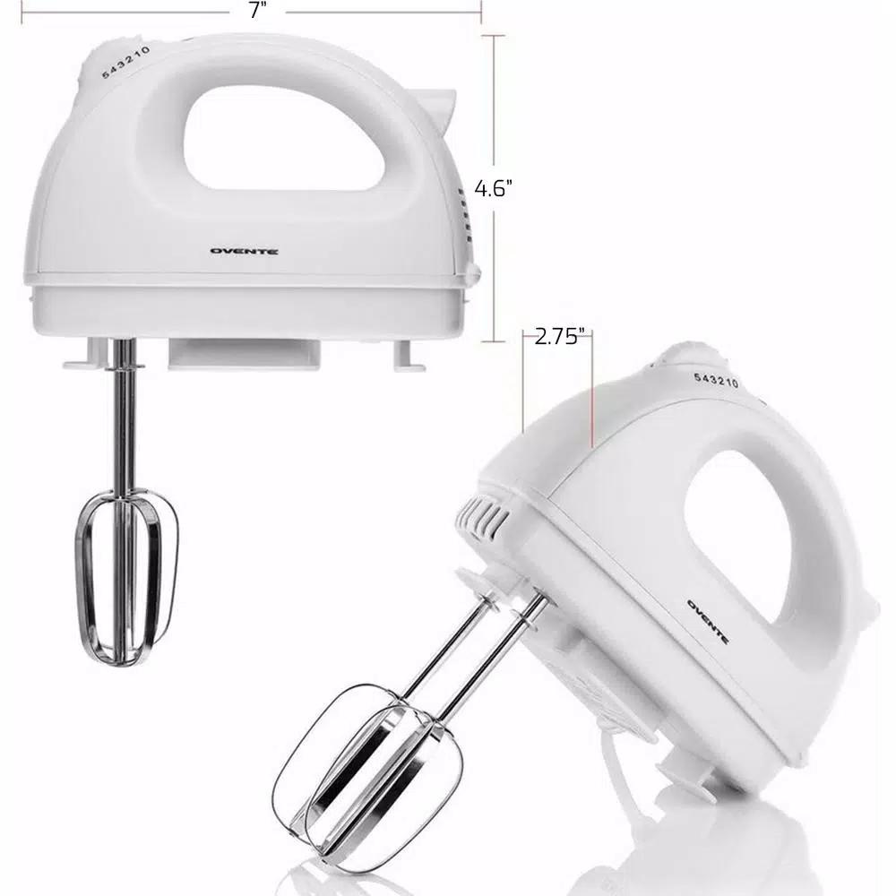 Ovente HM161 5-Speed 150W Electric Hand Mixer with Chrome Beaters and Snap-On Storage Case, White