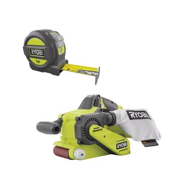 RYOBI 18V ONE+ Brushless 3 in. x 18 in. Cordless Belt Sander and 16 ft. Tape Measure Combo Kit
