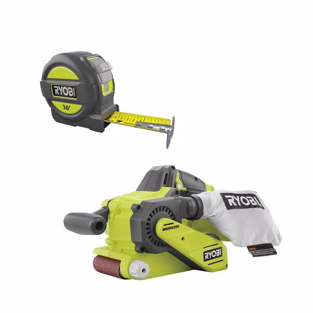 RYOBI 18V ONE+ Brushless 3 in. x 18 in. Cordless Belt Sander and 16 ft. Tape Measure Combo Kit