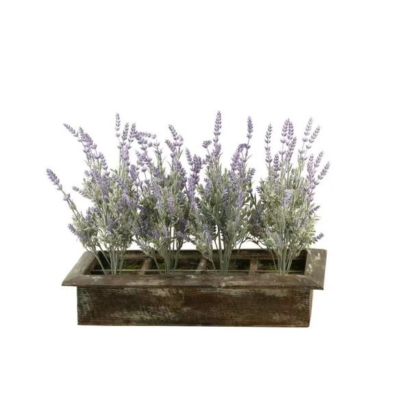 D&W Silks Faux Lavender Floral Arrangement in Brown Wood Rectangle Planter Box