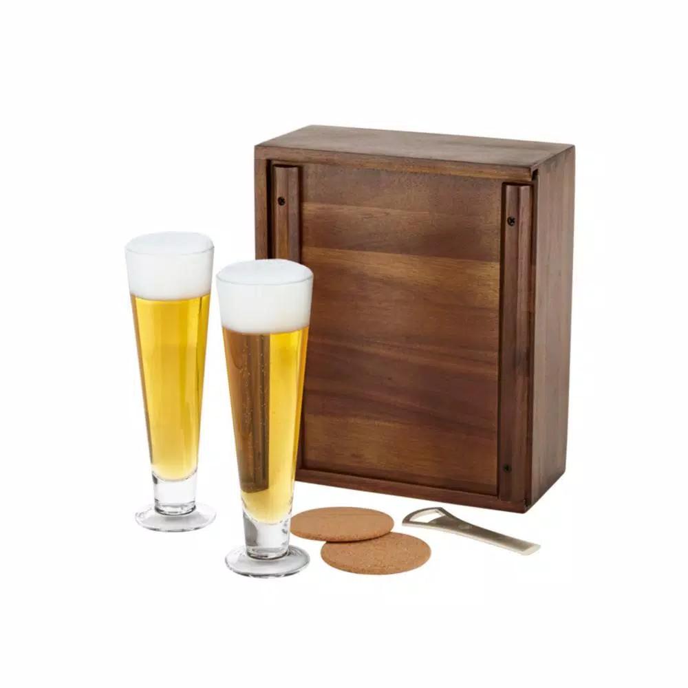 Legacy Pilsner Beer Gift Set with Acacia Wood Case, 2 Glasses, Cork Coasters, and Bottle Opener