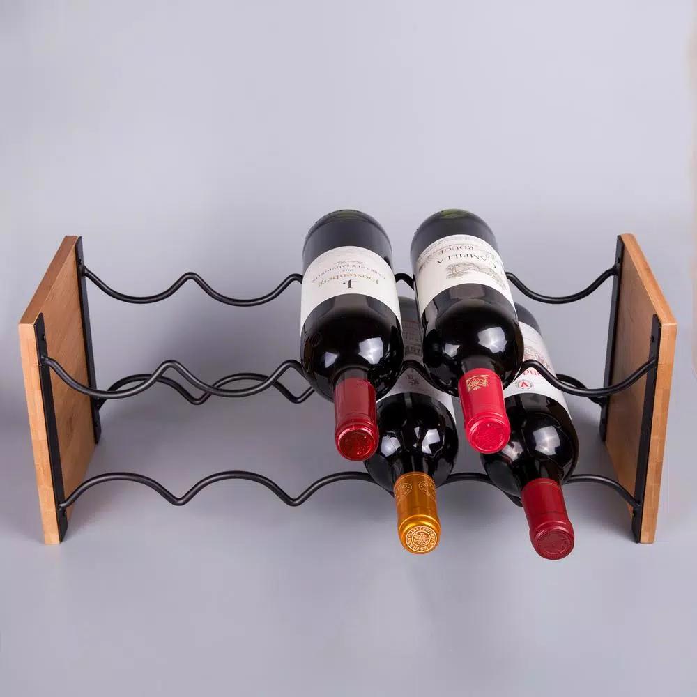 Creative Home Acacia Wood and Black Iron Wine Rack - 9 Bottle Capacity Tabletop Wine Holder