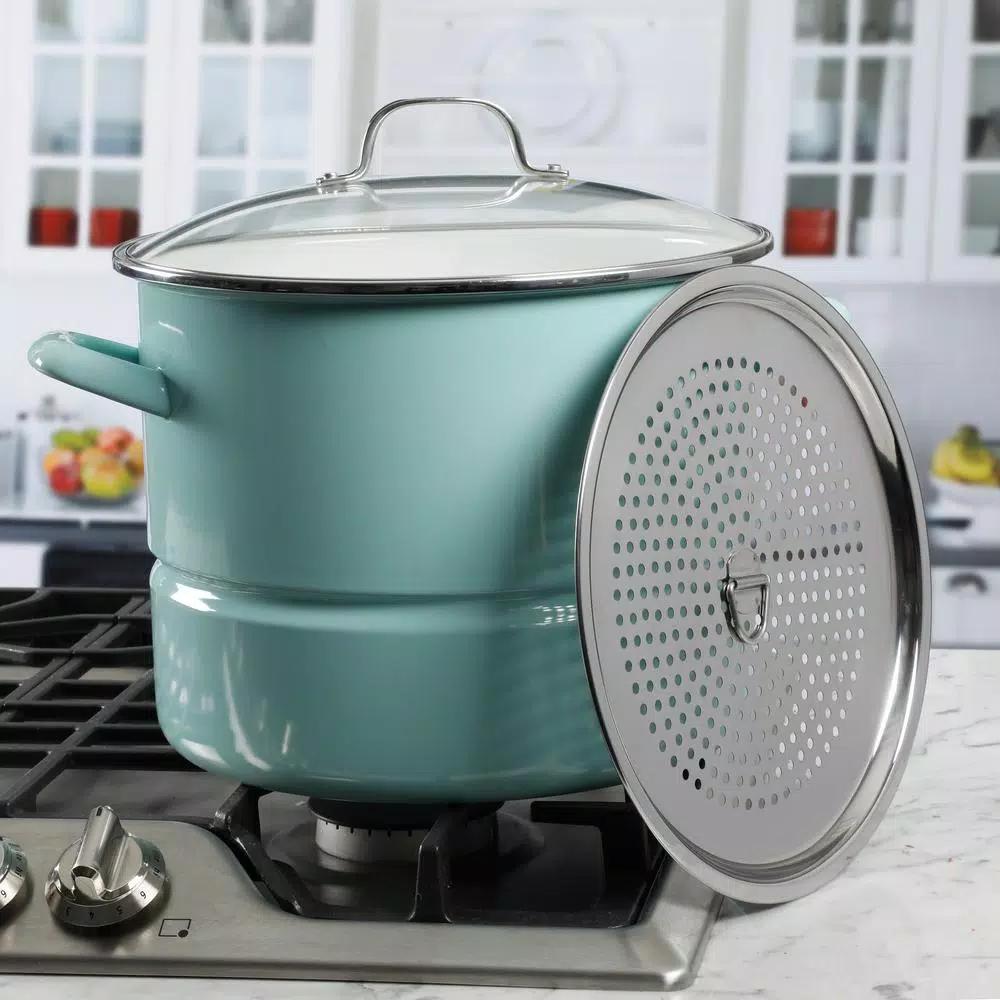 Kenmore 16-Quart Steel Stock Pot Set with Steamer Insert and Glass Lid, Broadway Blue