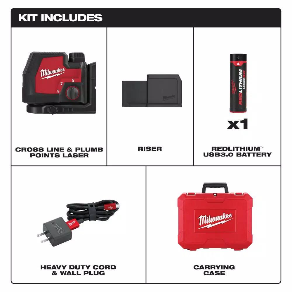Milwaukee Green Cross Line and Plumb Points Rechargeable Laser Level, 100 ft. Range